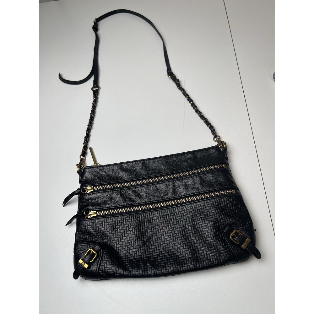Black Leather Crossbody Purse Elliott Lucca Messina Bag‎ Gold Accents